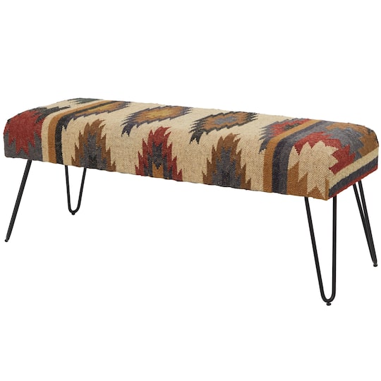 47&#x22; Multicolored Metal Tribal Bench with Metal Hairpin Legs